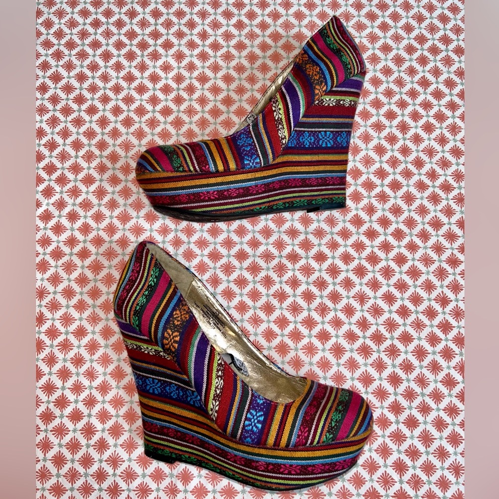 Mossimo multicolor textile Baja pattern wedge platform heels women’s size 8.5 - Picture 5 of 11